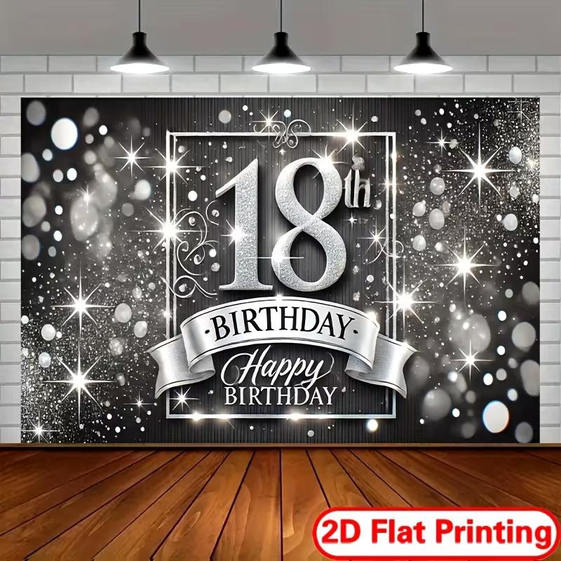 2D 18th Birthday Photo Booth Banner, Black Background with Silver Glitter