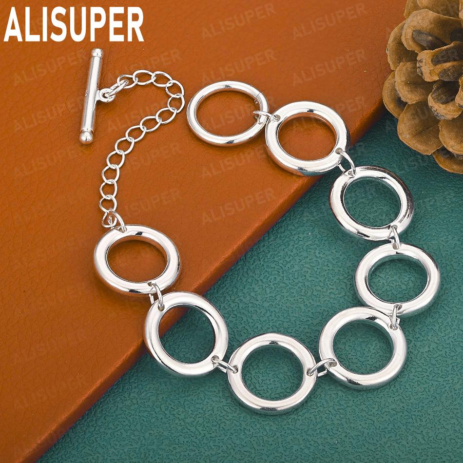 925 Sterling Silver Openwork Circular Side Chain Bracelet Gift Jewelry 20CM