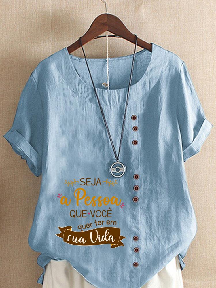 Women's Fashion Letter Print Round Neck Short Sleeve T-shirt Casual Cotton Linen Graphic Shirt Leisure Loose Summer Blouse Tops