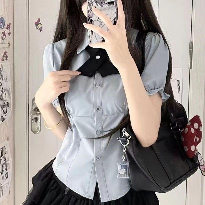 Japanese Academy Style Women s Short-Sleeved Shirt & Fluffy Layered Skirt Set 2XL