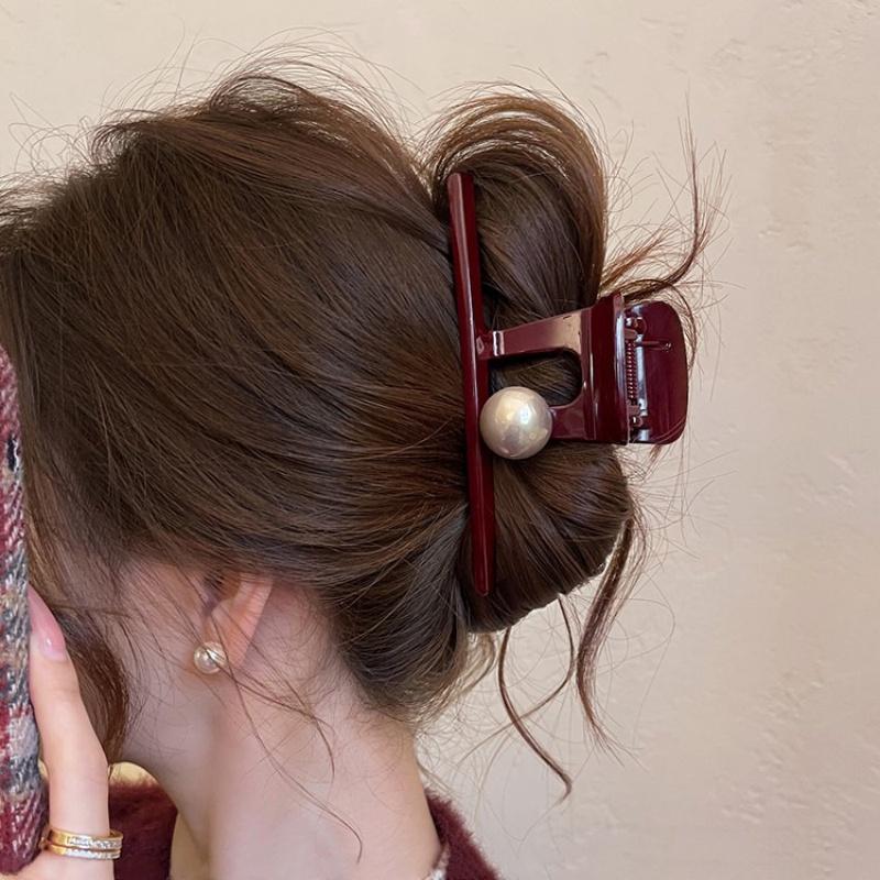 Große rote Perlenhaarspange für Damen Mädchen Kopfschmuck Einfache Haarnadel Haarvolumen Hai-Klammer Haarspange Hinterkopf Haaraccessoires
