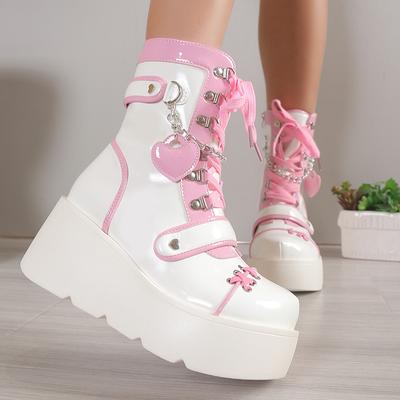 Modne Grube Platformy Punkowe Krótkie Buty Damskie Moda Klamra Urocze Różowe Botki Damskie Skóra PU Grube Obcasy Motocyklowe Botas