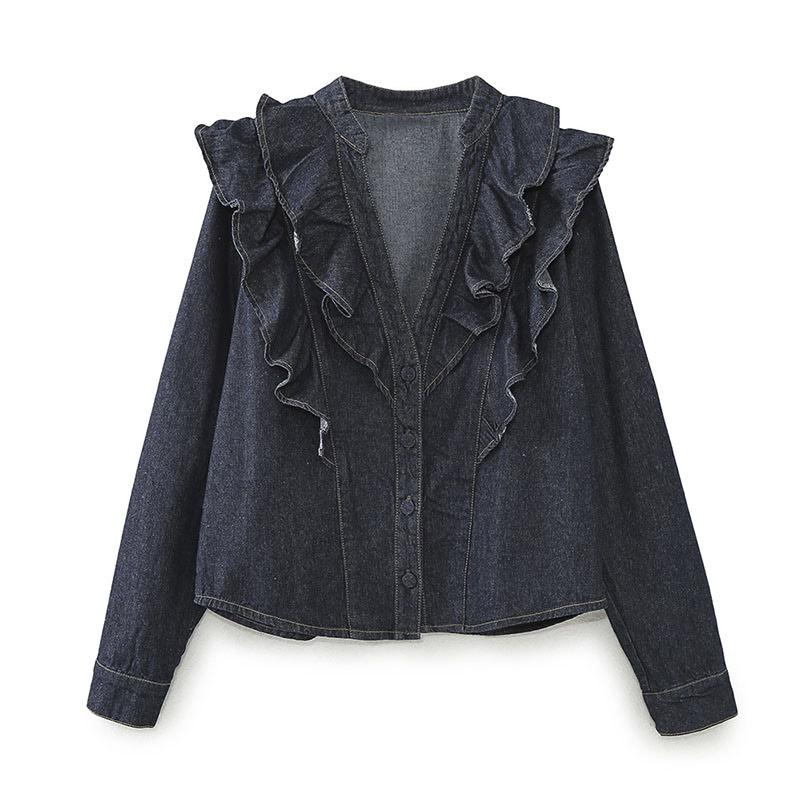 

Женские джинсовые рубашки 2025 Весна Осень Блузка с оборками Женская элегантная однобортная рубашка Многоуровневые блузки с V-образным вырезом и длинным рукавом Однотонные блузки M темно-синий