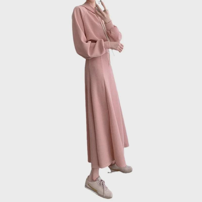 2024 Pink Loose Long-Sleeve Hoodie & High Waist Skirt Set