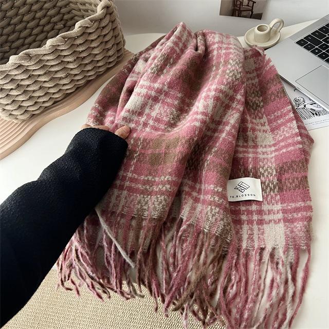 Dry Rose Pink Plaid Scarf Women's Autumn and Winter High-end Sense New Korean Version Versatile Warm Shawl Scarf
