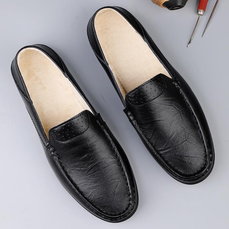 Plush Man Moccasins Penny Loafers Men Casual Shoes Fleece-Lined Leather Dress Shoes Slip-on Sneaker Man Flats Fur Driving Shoes
