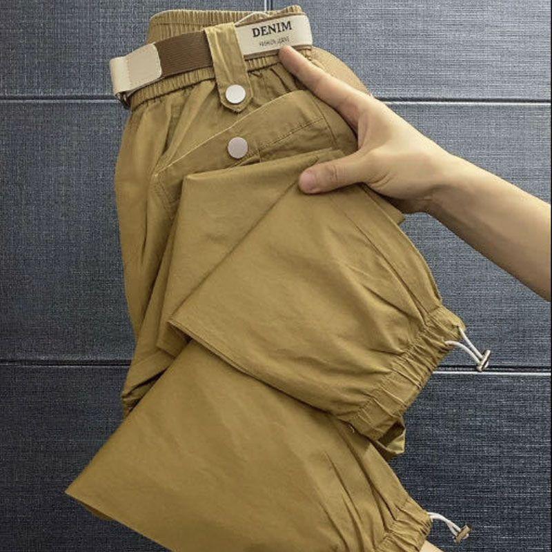 

European Goods Casual Pants Women 2023 Summer Feet Drawstring Design Stretch Plaid Cotton Tape Belt Candy Color Cargo Pants Khaki Summer Thin Casual Carrot Pants L