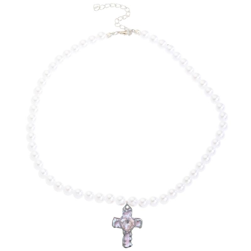 Imitation Pearl Beaded Choker Adjustable Length Neckchain Accessory for Ladies Heart/Crucifix/Cats Pendant Necklace