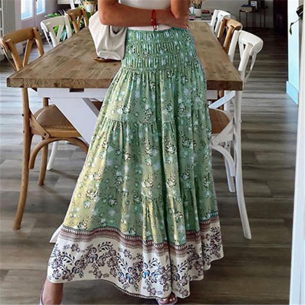 Women Fashion Casual Flower Printing High Waist Pleated Long Skirt