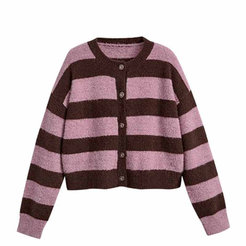 

Мягкий восковой вязаный свитер с длинными рукавами в полоску, женственное толстое короткое пальто-кардиган, пальто на осень и зиму L розовый