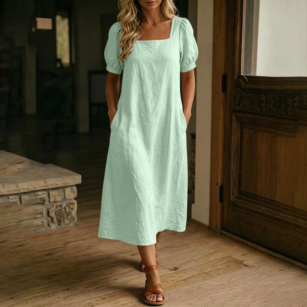 Women Casual Solid Color Square Neck Short Sleeve Linen Cotton Blend Midi Dress with Pockets Lightweight Summer Dress