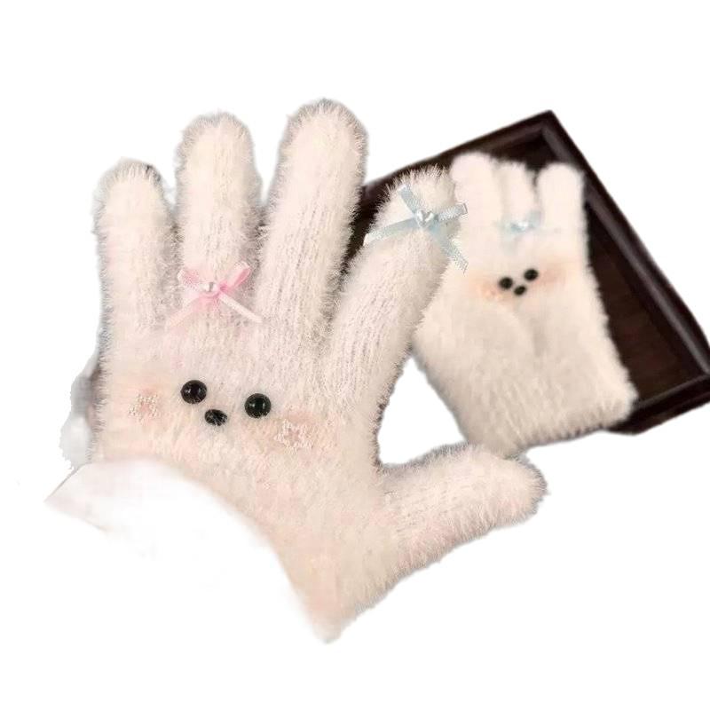 New Arrival: Ladies' Cute Plush Knitted Five-Finger Winter Gloves - Warm and Thick for Students