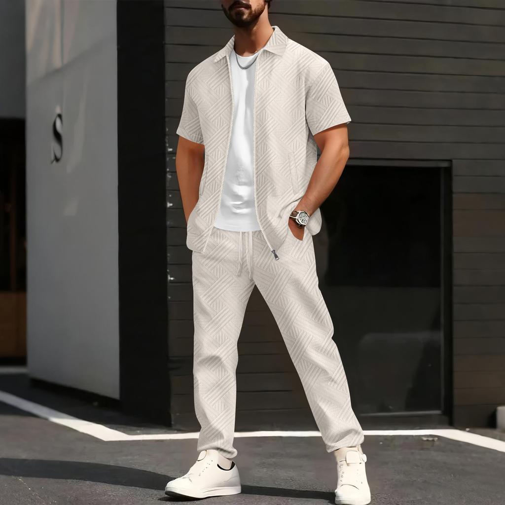 Conjunto Masculino de Jaqueta de Manga Curta e Calça com Estampa Geométrica e Camiseta Branca, Roupa Casual Streetwear