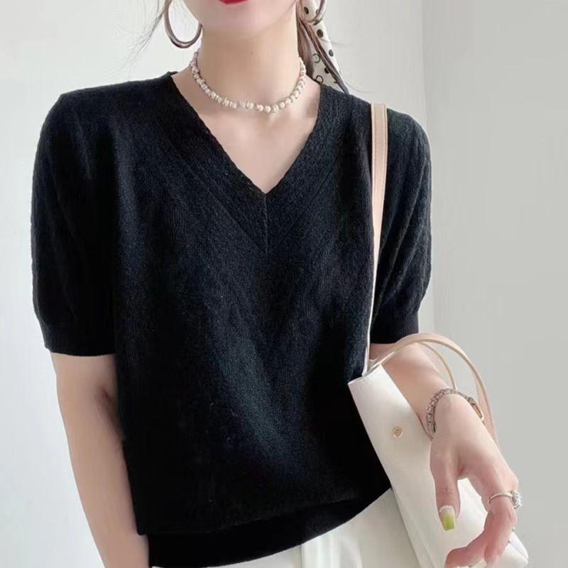 European Design Sense V-neck Knitted T-shirt Women's 1116 Spring and Summer New Versatile Loose Fashion Thin Short-sleeved Knitted Sweater