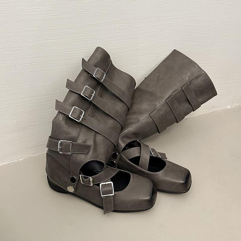 Vintage belt buckle bag head cool boots summer new flat bottom fried street babes ballet breathable hollow boots