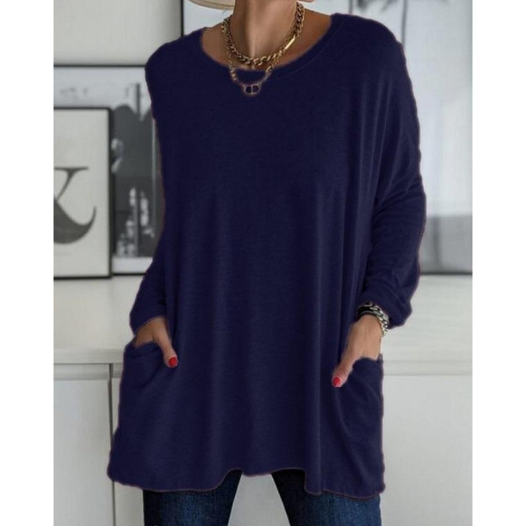 Naiste vabaaja kevad-suvise taskuga tuunika ülaosaga O-kaelusega särk pikkade varrukatega moodne suure suurusega vaba ühevärviline T-särk