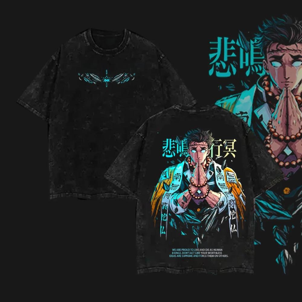 Anime Demon Slayer Iguro Obanai Graphic T-shirt Men Washed Cotton Tshirts Casual Loose T Shirt Harajuku Male
