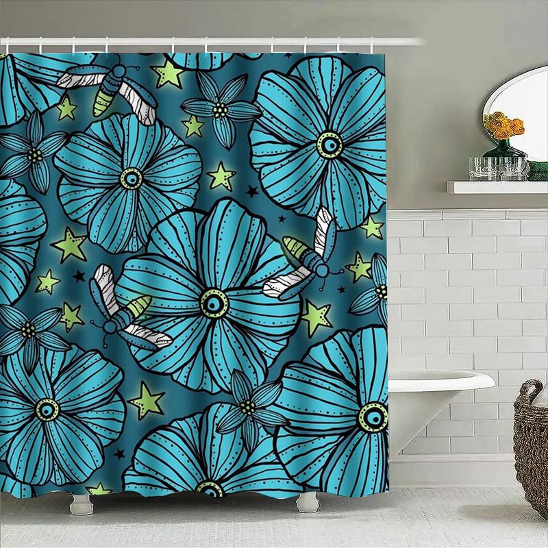 Vibrant Blue Floral Shower Curtain Modern Bathroom Decor Waterproof Fabric With Hook Rings For Bathtub Or Poolside Use.