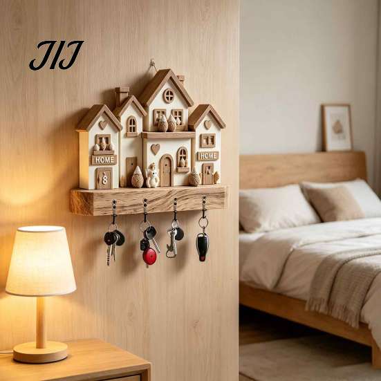 Vintage Campervan Wall Art Wooden Key Holder Rack, Camping RV Pattern Rack with 4 Hooks, Hook for Home 2D Farmhouse Mount Organizer Entryway
