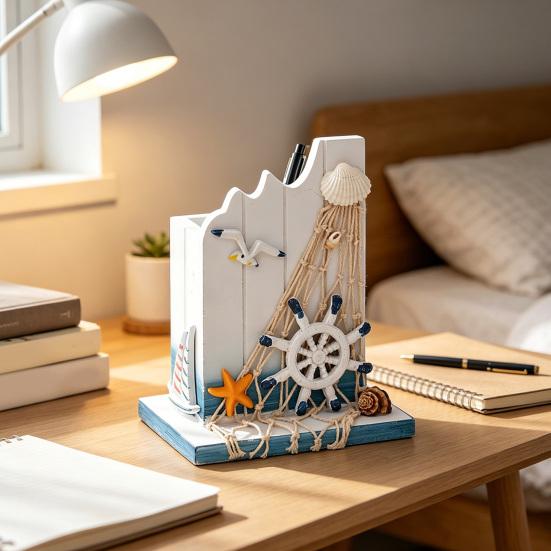 Maritimer Holz-Stifthalter Handgefertigt Mediterranes Thema Make-up-Pinsel-Organizer Ozeanstrand Stiftebehälter für Zuhause Büro