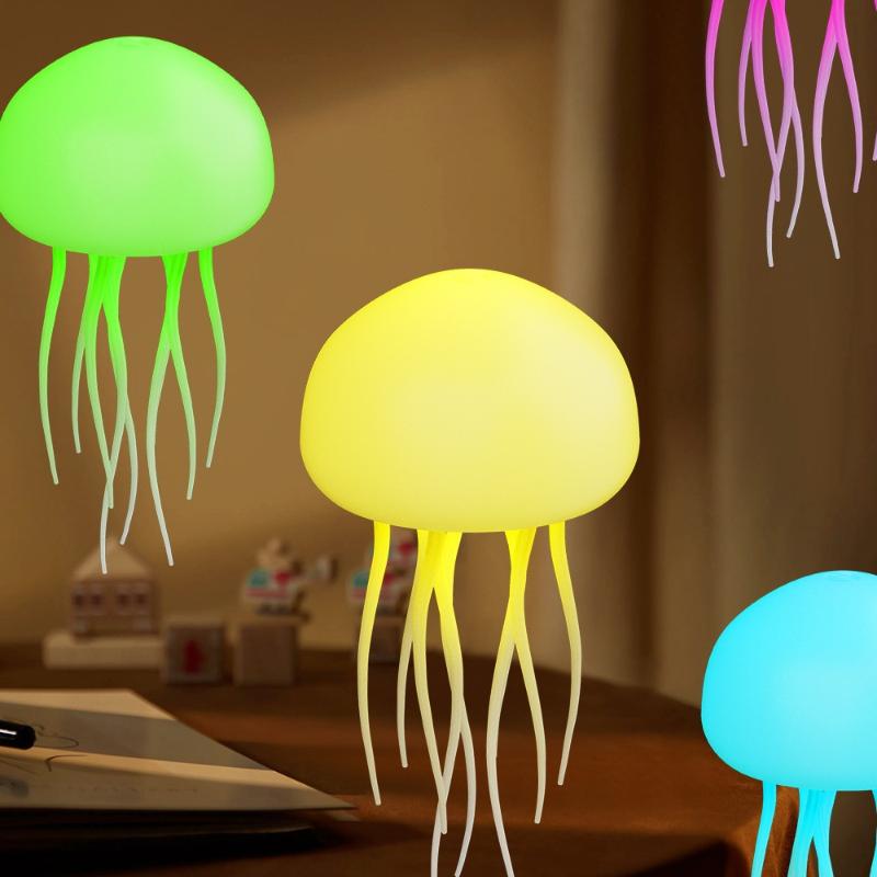 Jellyfish Cartoon Led Nihgt Light Voice Control Gradient Cute Rotating Jellyfish Hanging Bedside Lamp Rgb Table Lamps Room Decor