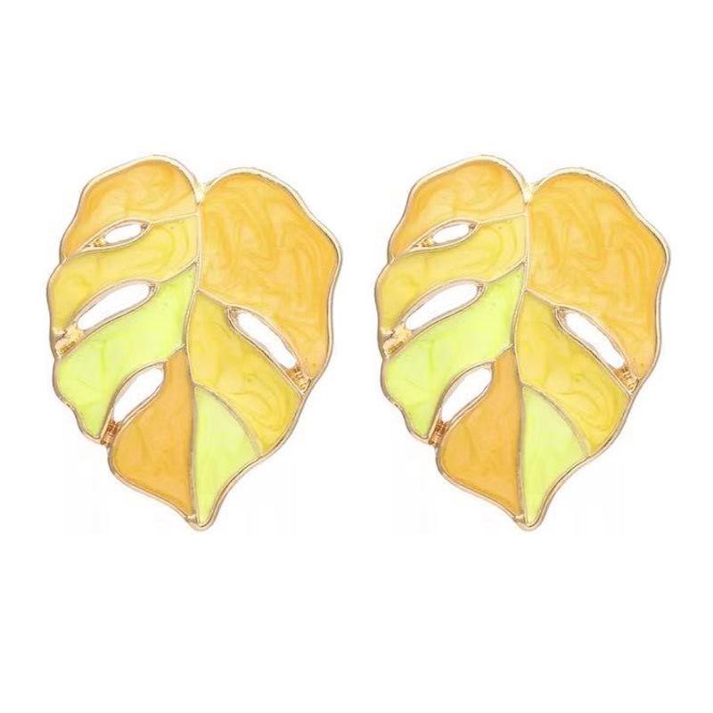 Colorful Geometric Metal Leaf Earrings: European  American Style, Exaggerated Hollow Design