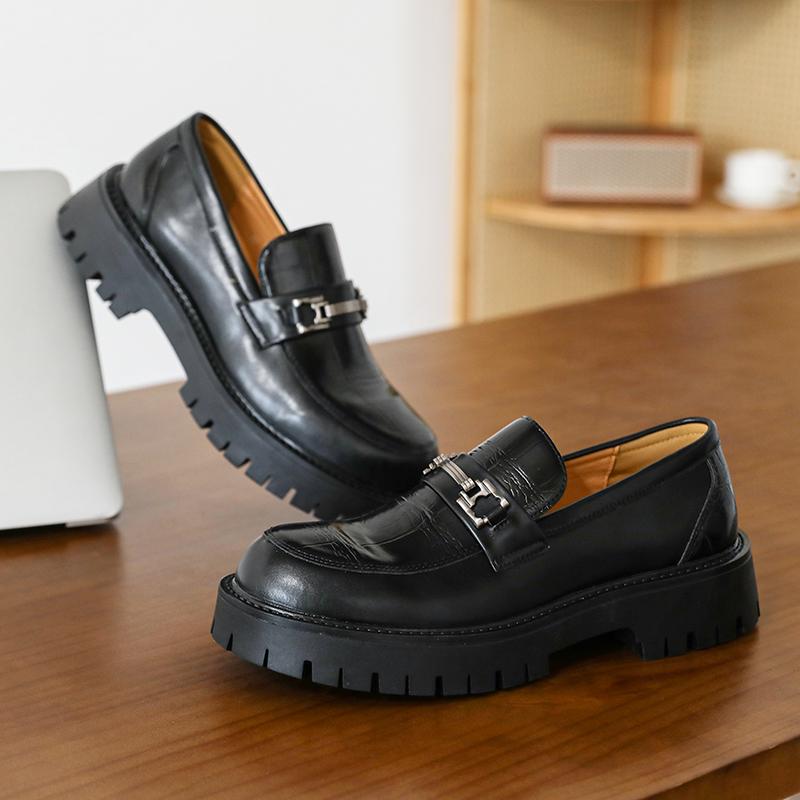 Fashion Advanced Texture Korean Style Fashion Metal Buckle Leather Casual Non-slip Men's Comfor Round Head Leisure Business Loafer Shoes