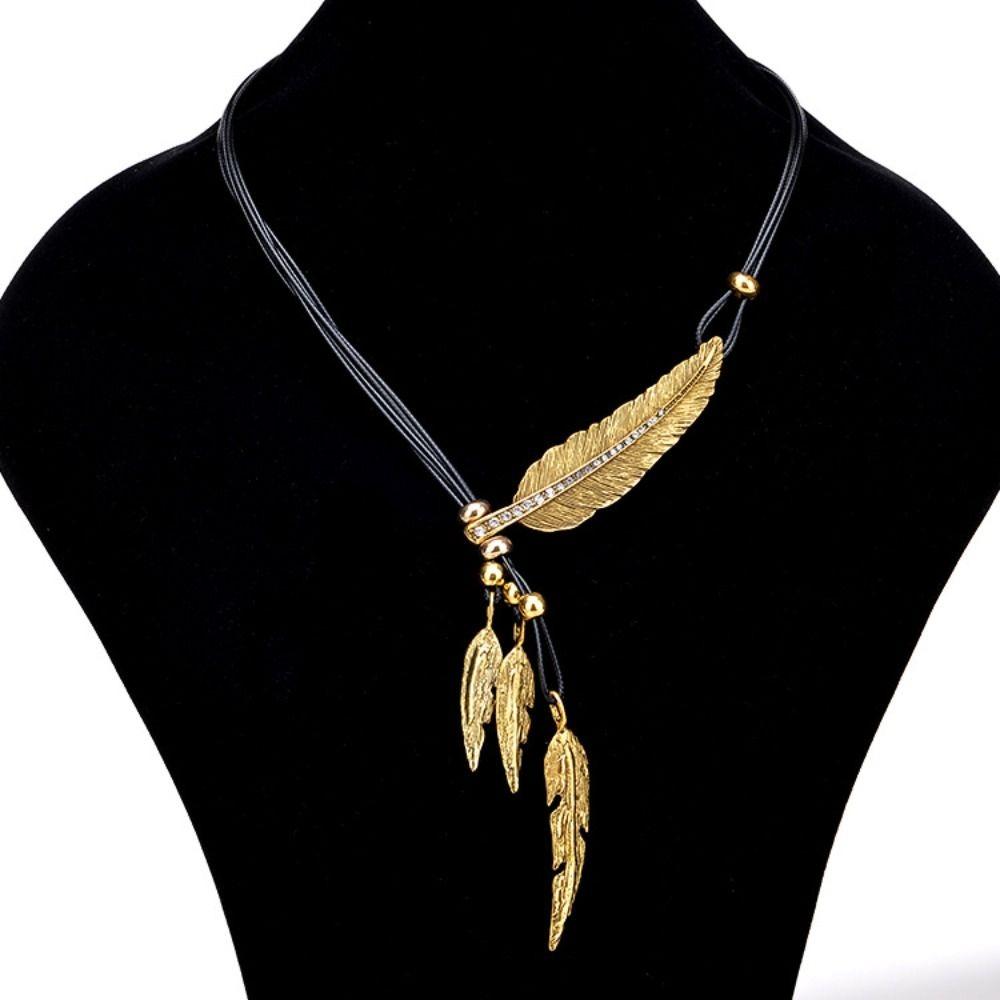2PCS Leaf Feather Pendant Rope Chain Tassels Women Necklace Statement Necklace Women