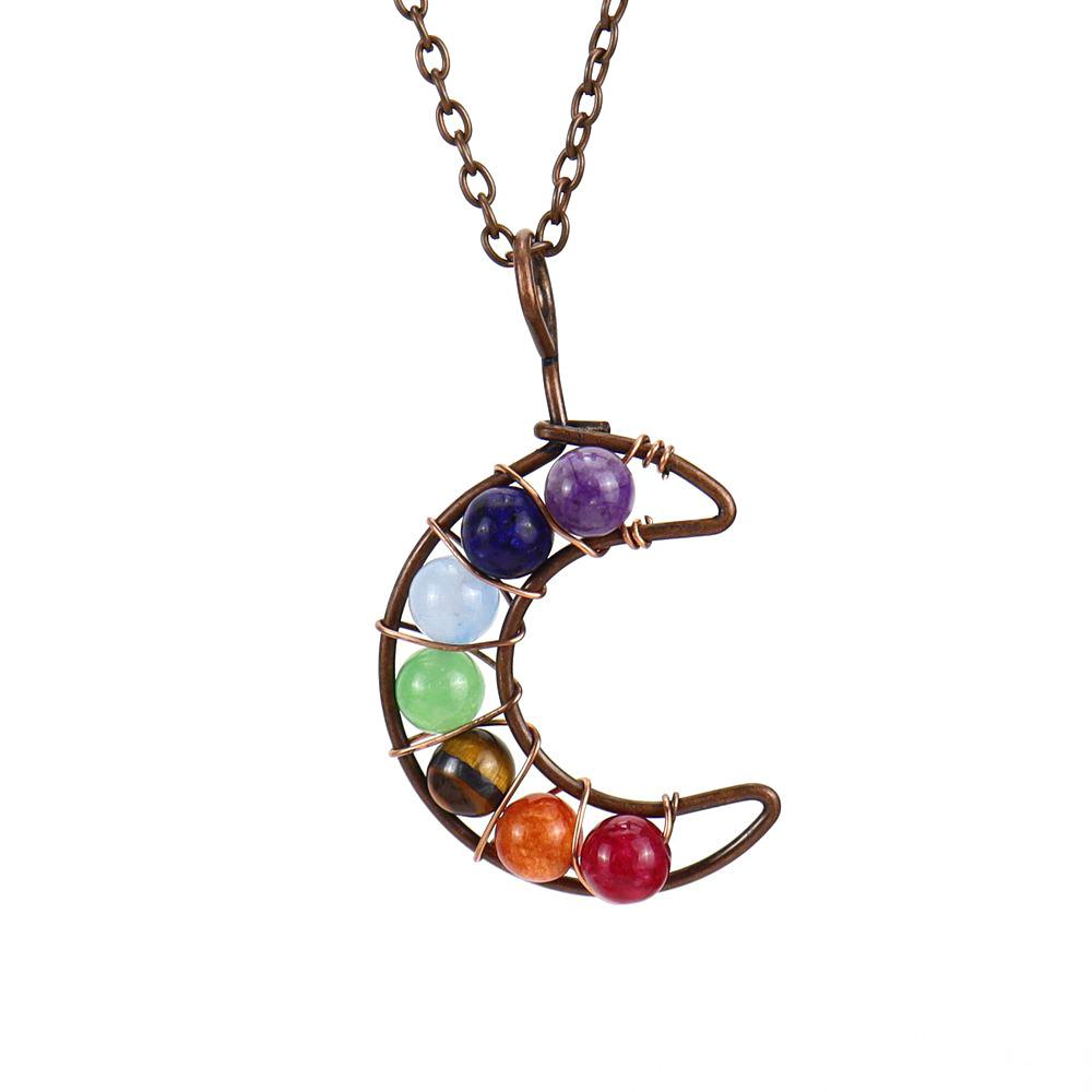 Vintage Handmade Silk Winding Colorful Beads Crystal Amethyst Beads Moon Pendant Necklace N132