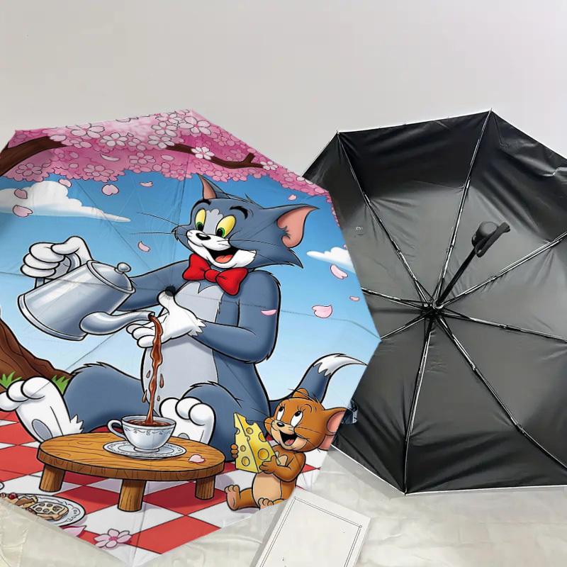 1pc Tom and Jerry Picnic Automatic Open/Close Umbrella Compact Folding Umbrella with 8-Rib Shaft Lightweight Esign, for Women/Men1155A