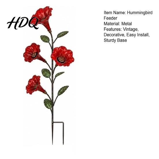 Decorative Garden Accent Red Flower Metal Bird Feeder Backyard Ground Stake Hummingbird Feeder Wildlife Watering Station