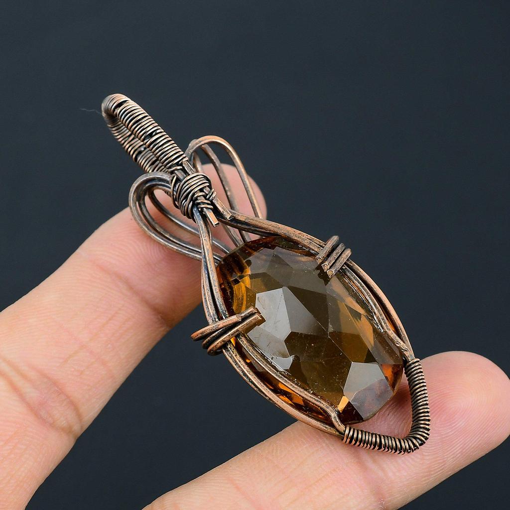 Honey Topaz Gemstone Handmade Pure Copper Wire Wrap Jewelry Pendant For Thanksgiving