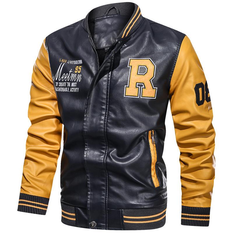 Spring and Autumn Youth Baseball Jacket Fleece PU Leather Jacket Men's Motorcycle Jacket Men's Jacket