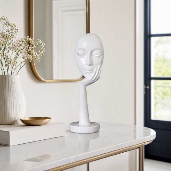 jijijing Abstract Contemplative Face Resin Sculpture, Minimalist Hand-on-Chin Bust Statue for Desk Living Room Office, Creative Art Decor Entryway