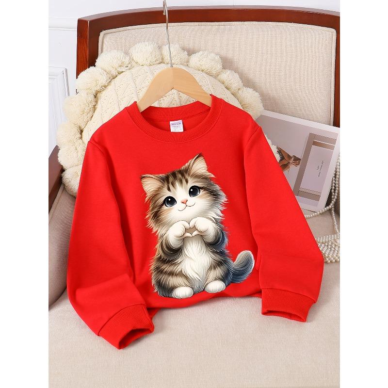 Sweatshirt à col rond pour fille Chat duveteux Cœur Pattes Fond rose Lavable en machine, Printemps et Automne, Vêtement de sport et décontracté