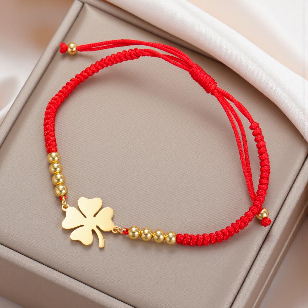Cazador Stainless Steel Four-leaf Clover Charm Women's Hand Bracelets Red Black Color Wax Rope Bracelets Lucky Jewelry Gifts