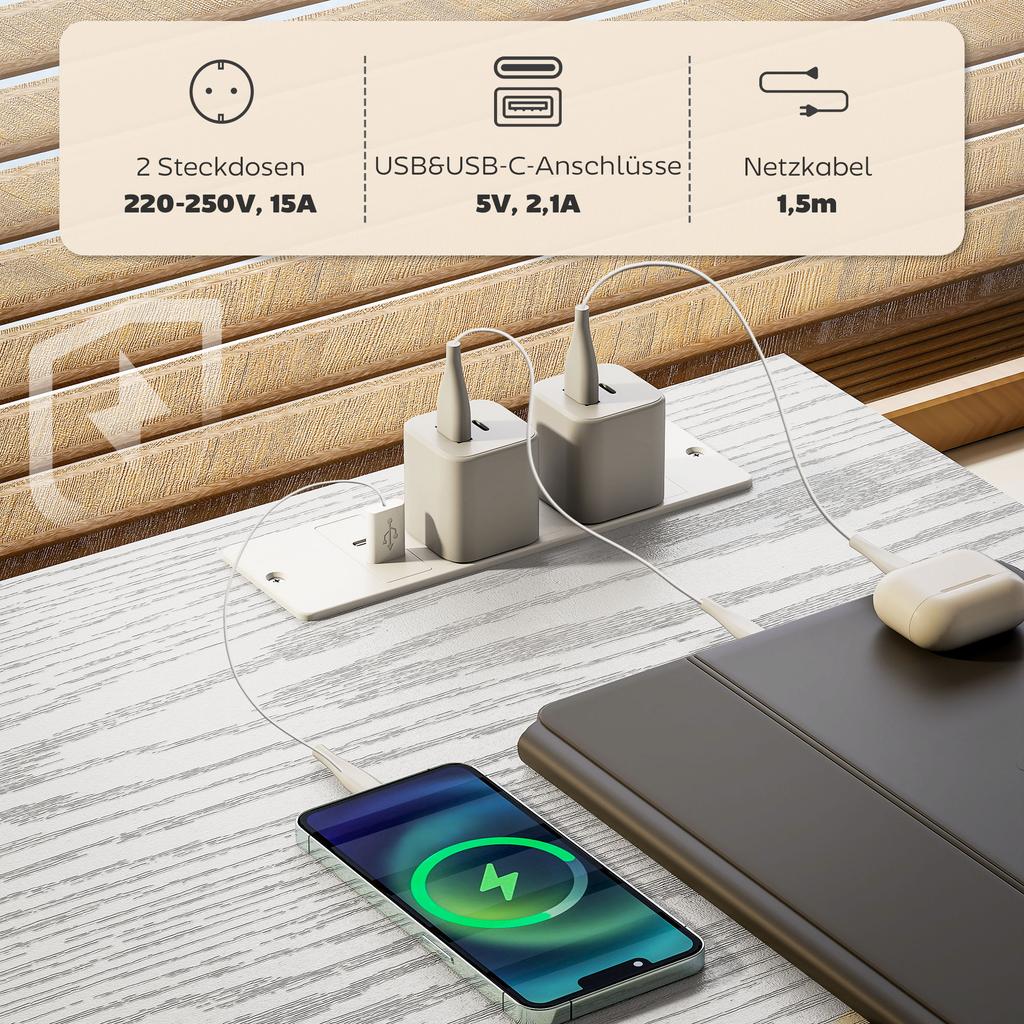 Desk Kitchen Table with 2 USB Charging Ports 2 Power Outlets Adjustable Shelves 3 Fabric Drawers 120x40x76 cm White
