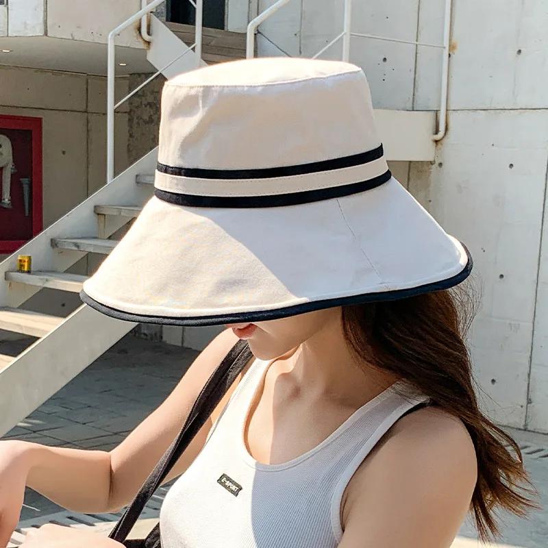 Women's Wide Brim Striped Bucket Hat - Soft Cotton Foldable Panama Sun Hat Solid Color Outdoor Beach Travel Cap