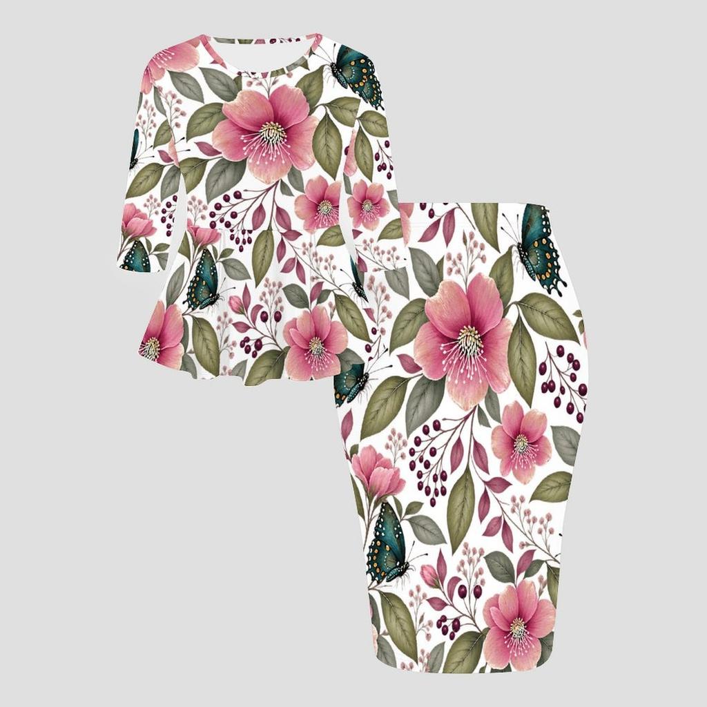 Women Plus Size Round Neck Three Quarter Sleeve Butterfly Printed Peplum Top And Fitted Skirt Two Piece Set
