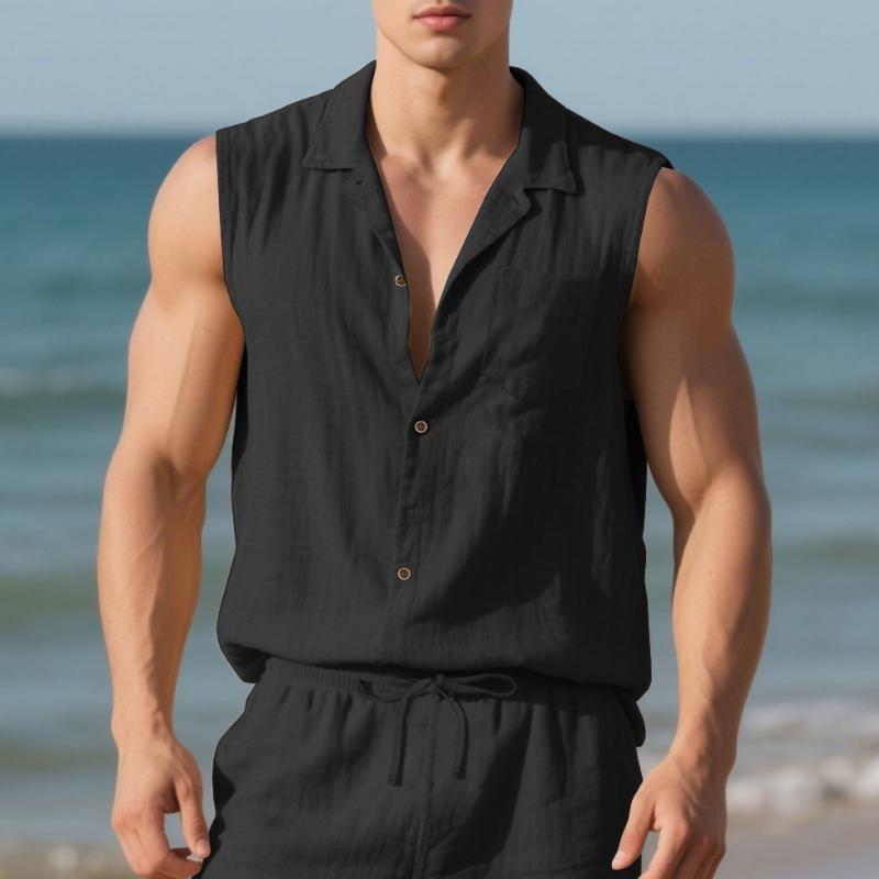 Modny klapowy męski nowy letni produkt luźny lniany prosty casualowy bezrękawnik kardigan koszula plażowa