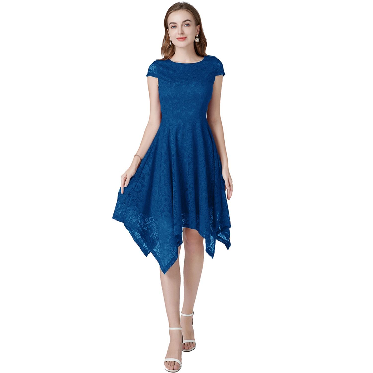 

Женское платье миди Кружевная асимметричная юбка Повседневные платья Женская одежда для выхода в свет Свадебная вечеринка подружки невесты Коктейльный наряд L синий