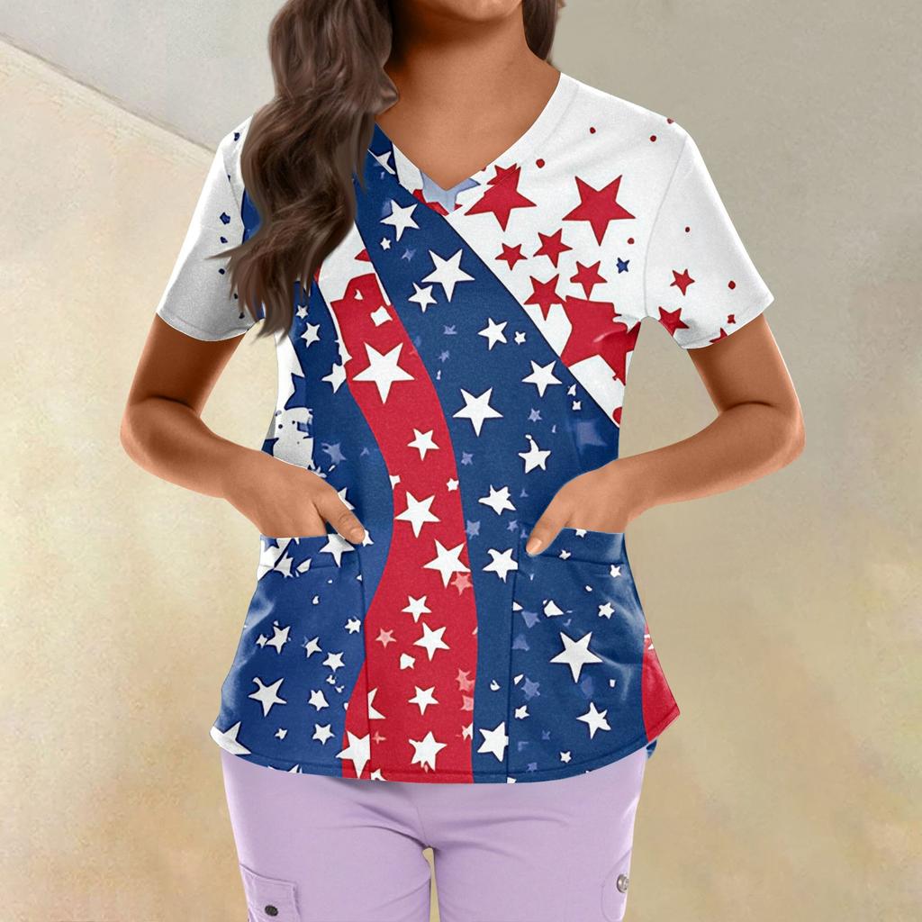 Plus Size Printed Scrub Working Uniform Tops For Women's Cross V Neck Independence Day Print Short Sleeve Fun T-Shirts Workwear Tee With Pockets