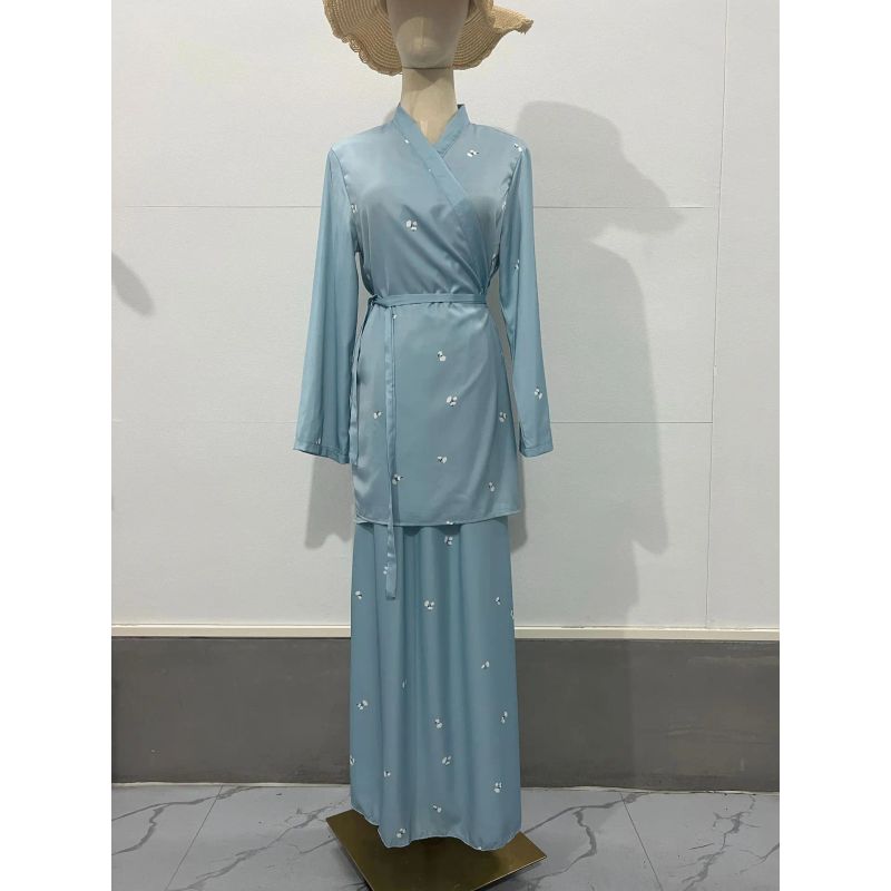 

European and American Temperament Long sleeve Print Satin V-neck Dress Set Printed Satin V-neck Skirt Set Image color XL