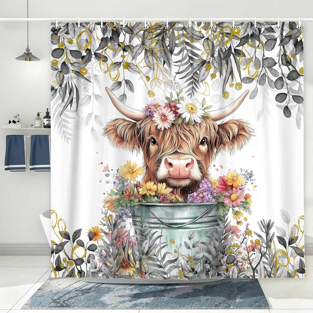 Highland Cow Shower Curtain Rustic Bull Western Farmhouse Cattle Country Restroom Accessories Funny Farm Animal Bathroom Decor