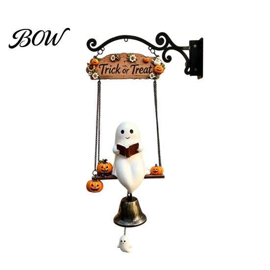 Entryway Welcome Sign Halloween Swing Ghost Doorbell, with Pumpkins Decor, Gothic Style Trick Weather Resistant Yard Ornament or Treat Sign,