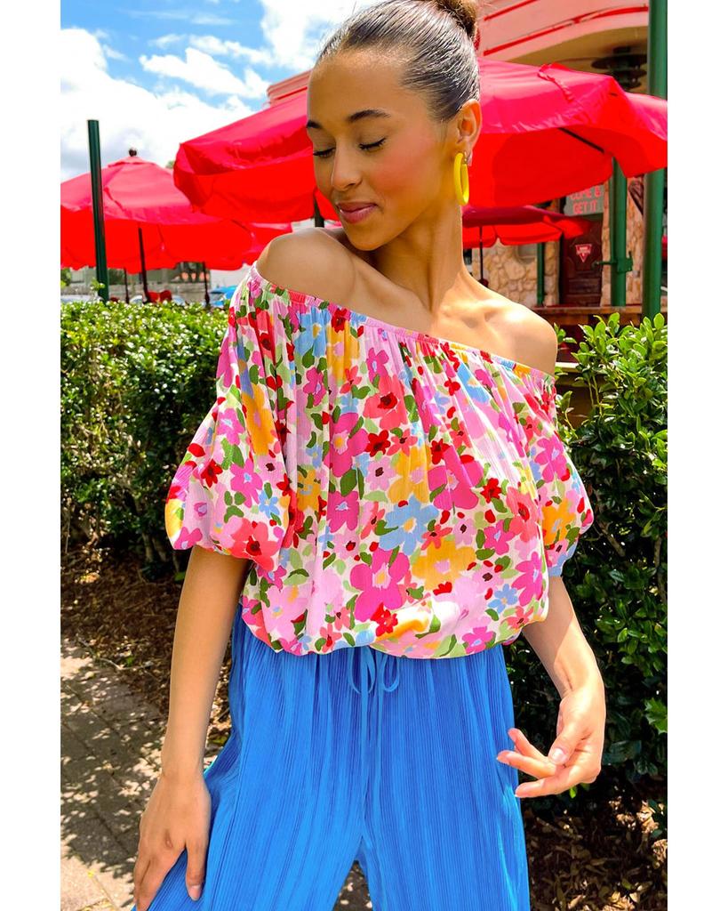Azura Exchange Red Floral Print Puff Sleeve Pleated Elastic Neckline Blouse