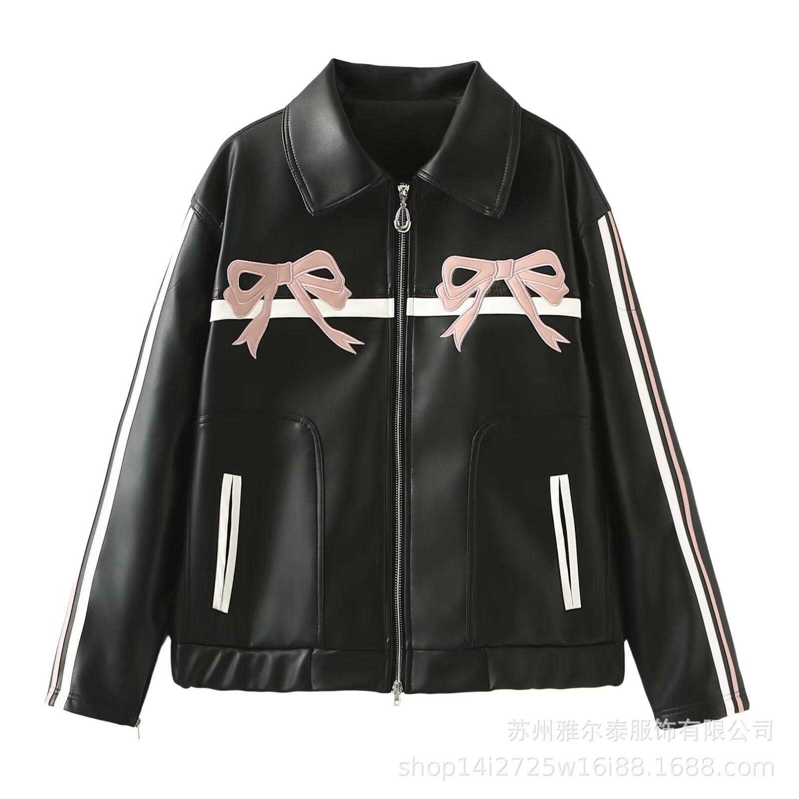 

New autumn products, women s clothing, European and American style French design fashion, sweet and cool bow, black leather jacket, women s coat XS різнокольоровий