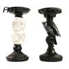 Gothic Candle Holder Halloween Candlestick Decoration, Raven Skull Holder, Three Dimensional Decor Spooky Taper Stand for Tabletop Home Matte Black