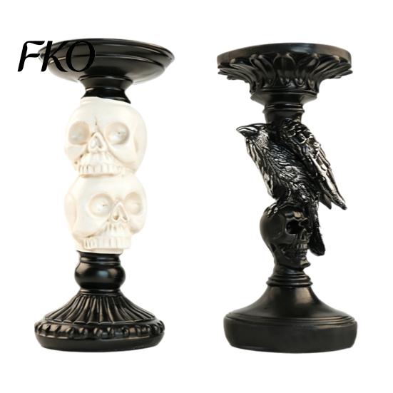 Gothic Candle Holder Halloween Candlestick Decoration, Raven Skull Holder, Three Dimensional Decor Spooky Taper Stand for Tabletop Home Matte Black