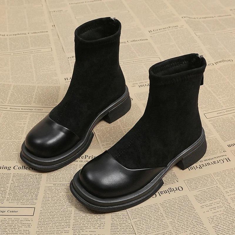 Mode Schuhe für Damen 2024 Heißer Verkauf Reißverschluss Damenstiefel Herbst Runde Zehenpartie Uni Flock Plateau Wasserdicht Kurzer Schaft Westernstiefel
